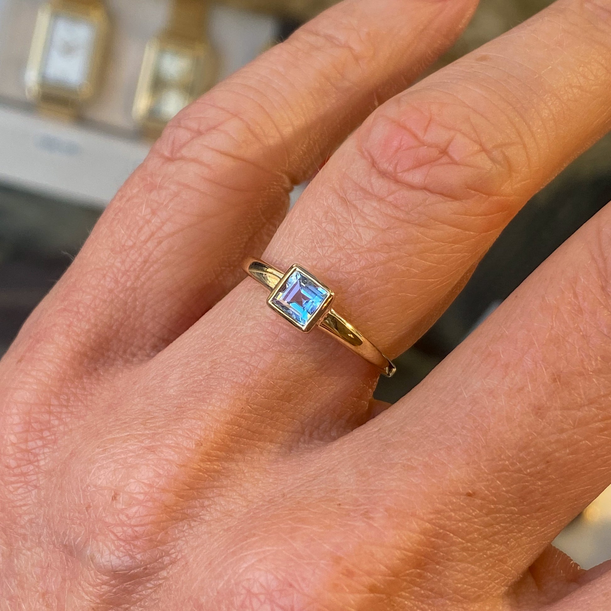 9ct Gold Square Solitaire Ring - Blue Topaz - John Ross Jewellers