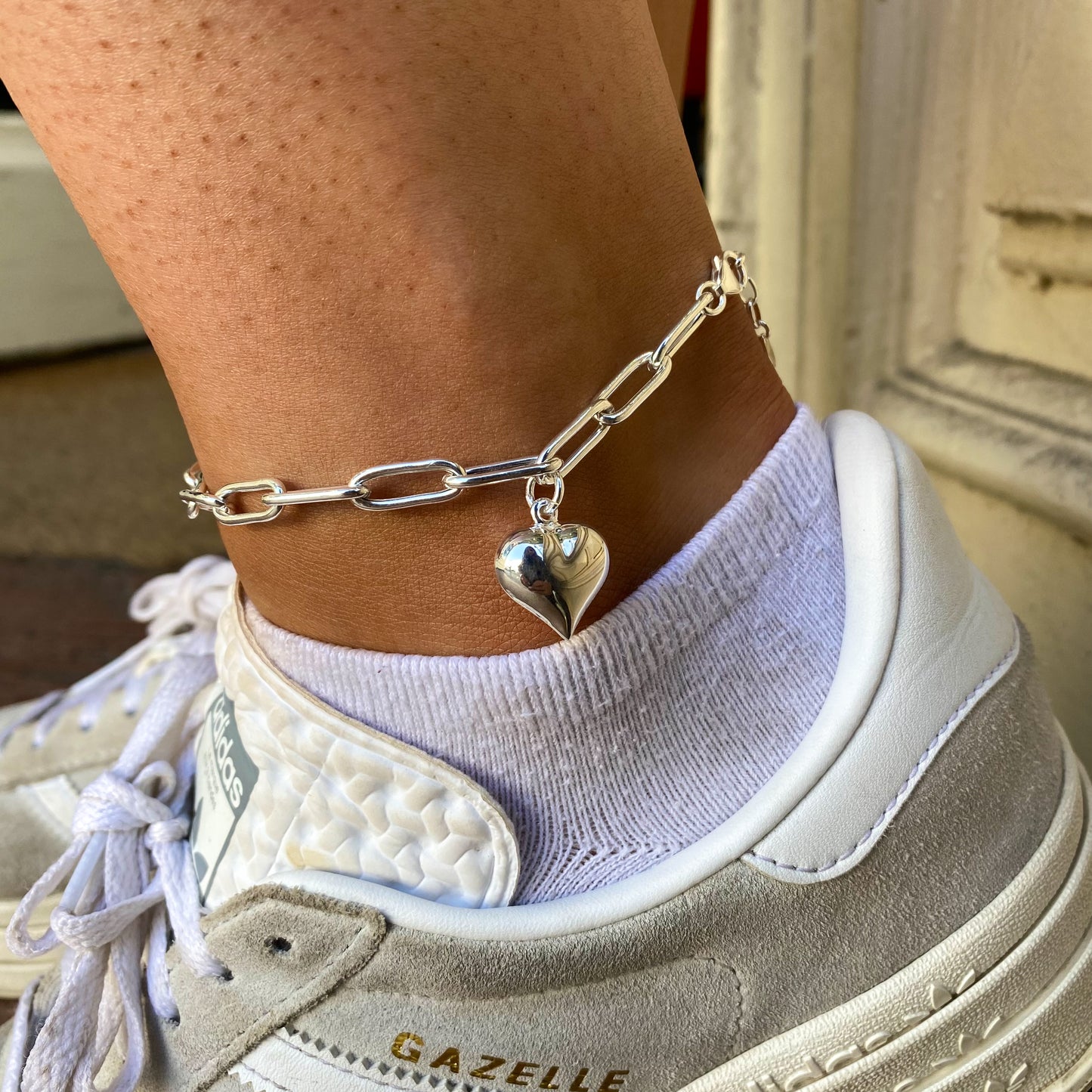 Silver Anklet - Chunky Paperlink with Heart - John Ross Jewellers