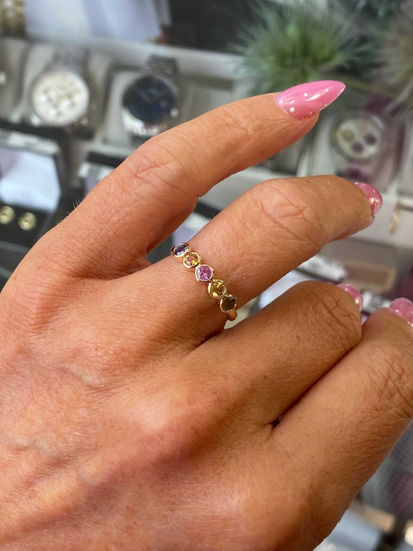 9ct Gold Five Stone Gemstone Ring - Pastel Sapphires - John Ross Jewellers