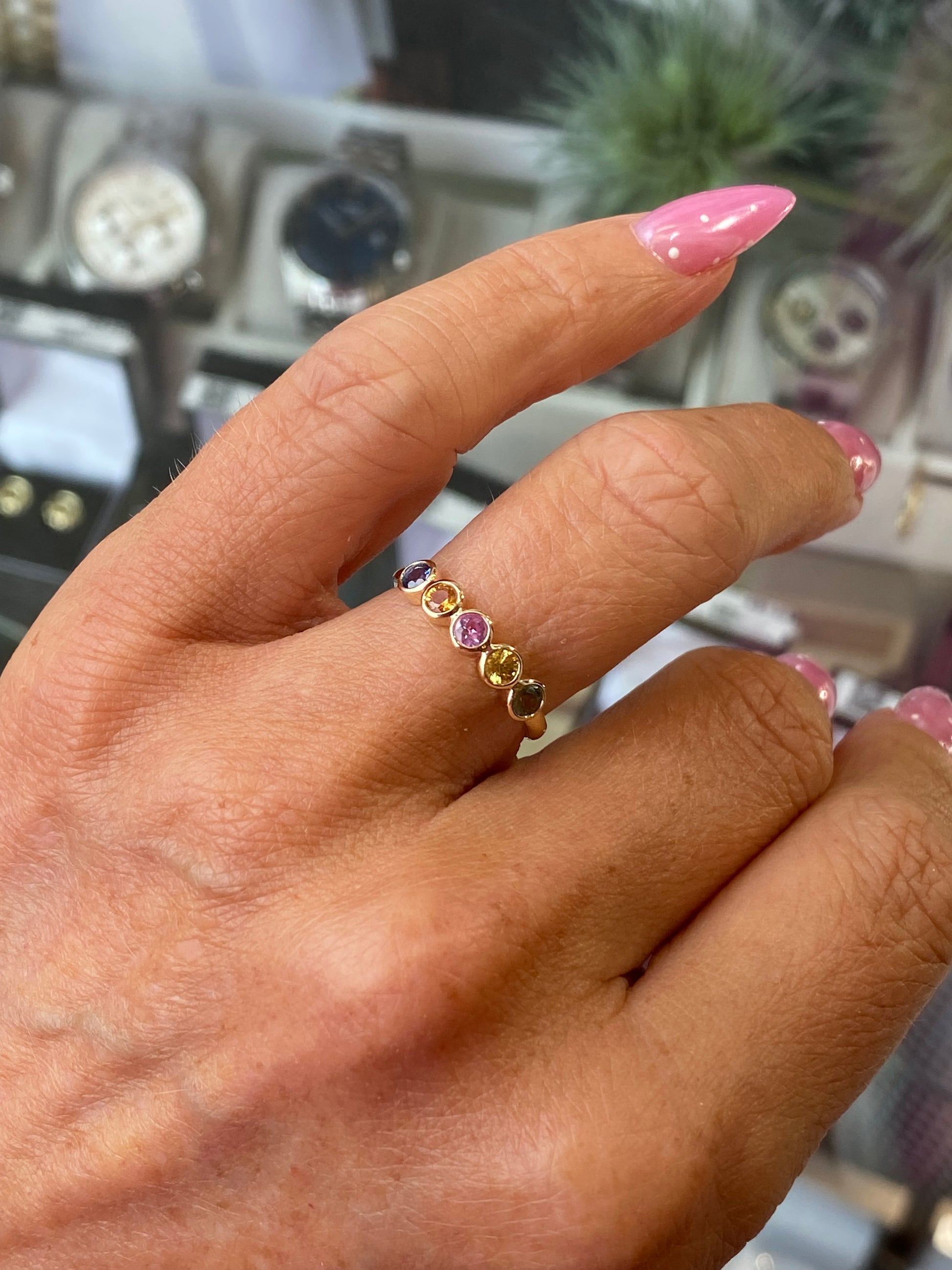 9ct Gold Five Stone Gemstone Ring - Pastel Sapphires - John Ross Jewellers