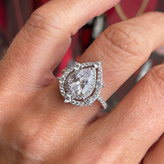 Silver Decorative Pear Halo Ring