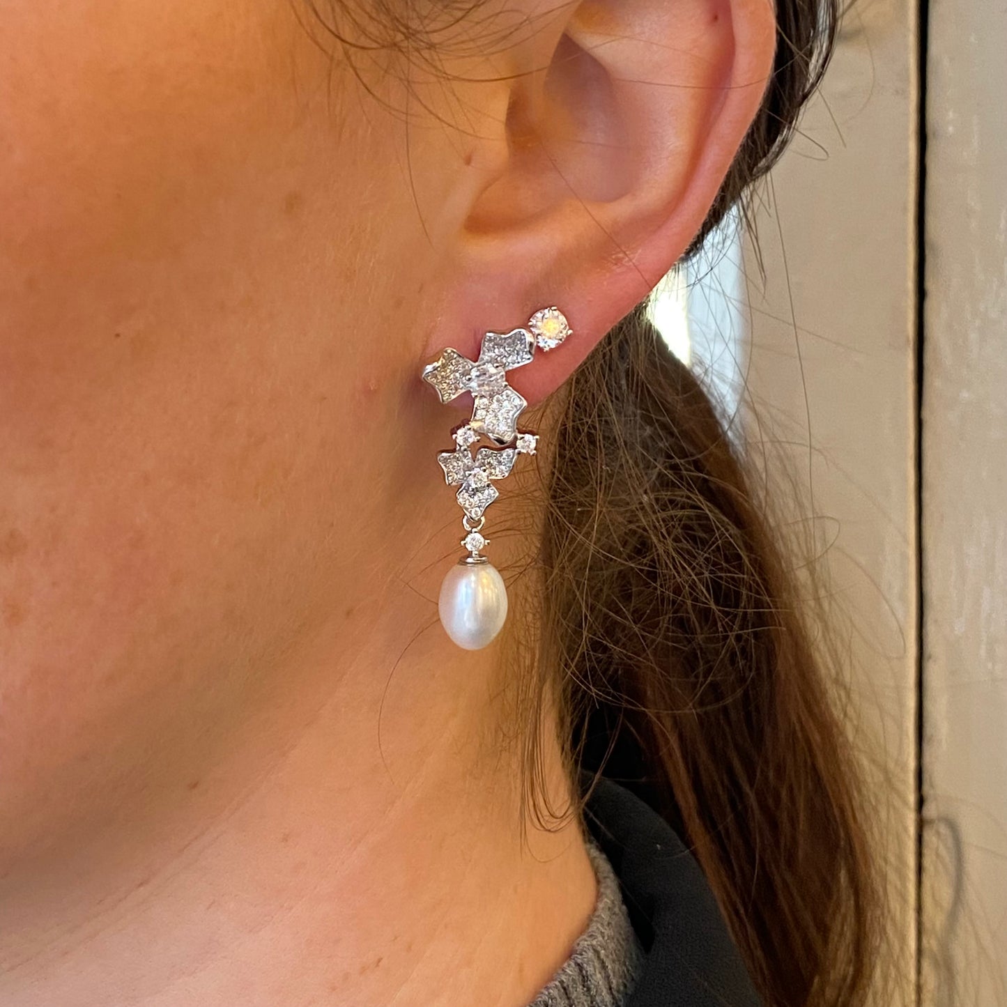 Silver 8x10mm Freshwater Pearl & CZ Floral Drop Earrings - John Ross Jewellers