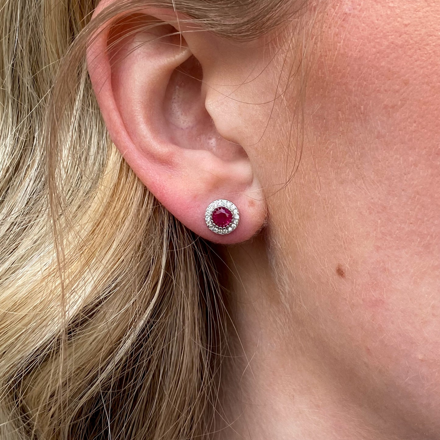 Silver Totsy CZ Halo Stud Earrings| Ruby Red - John Ross Jewellers