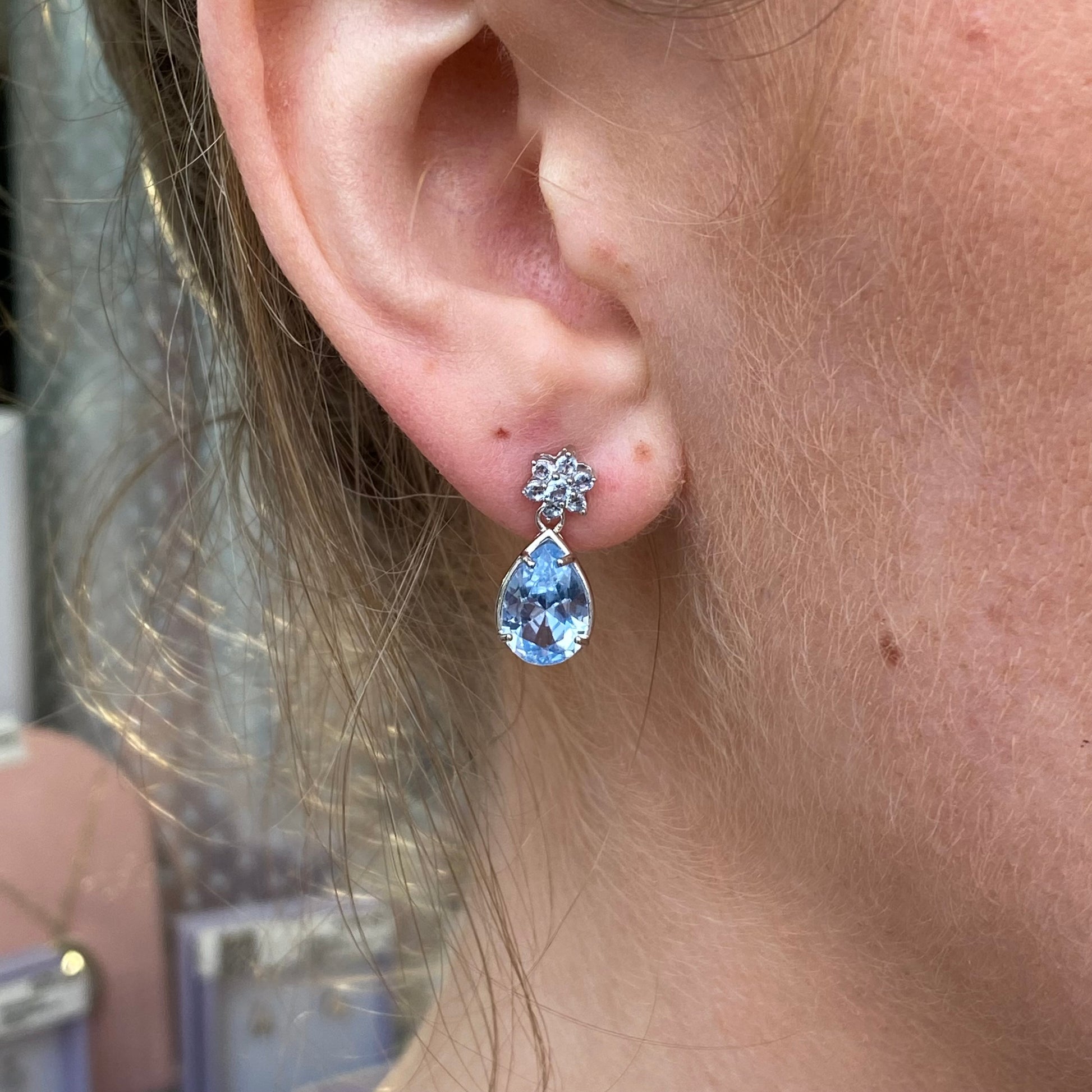 Silver Aqua Pear CZ Drop Earrings - John Ross Jewellers