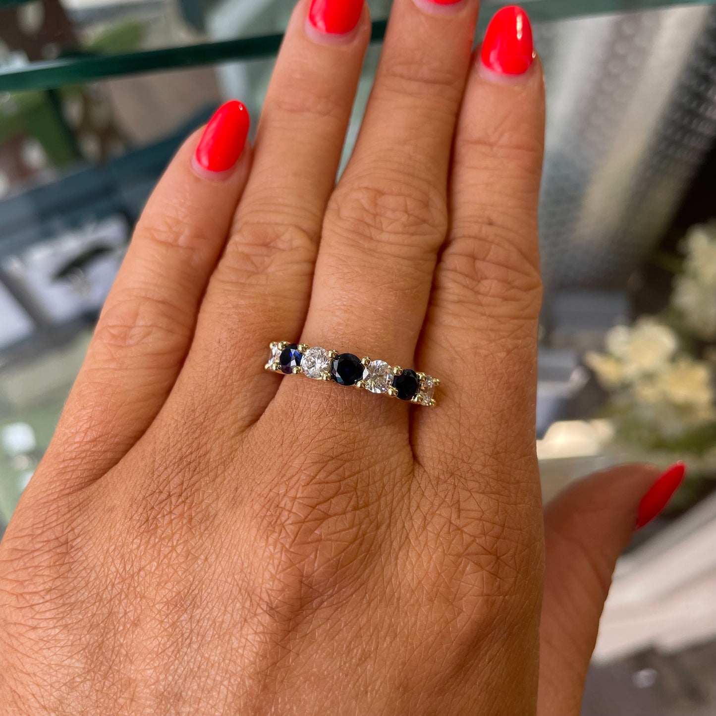 9ct Gold Blue & White CZ Seven Stone Eternity Ring