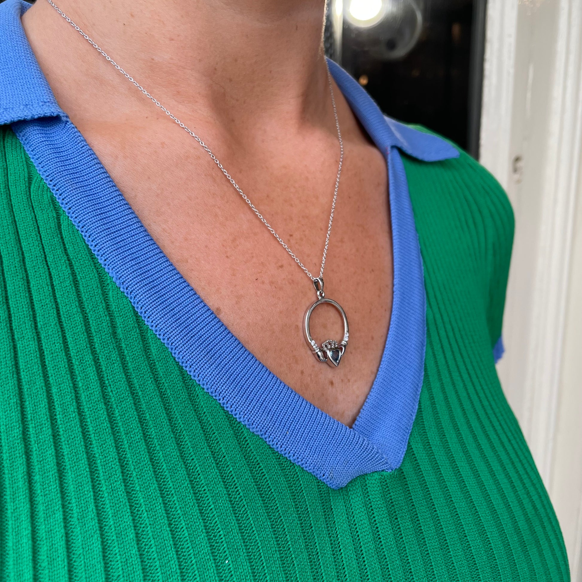 Silver Blue CZ Claddagh Necklace - John Ross Jewellers
