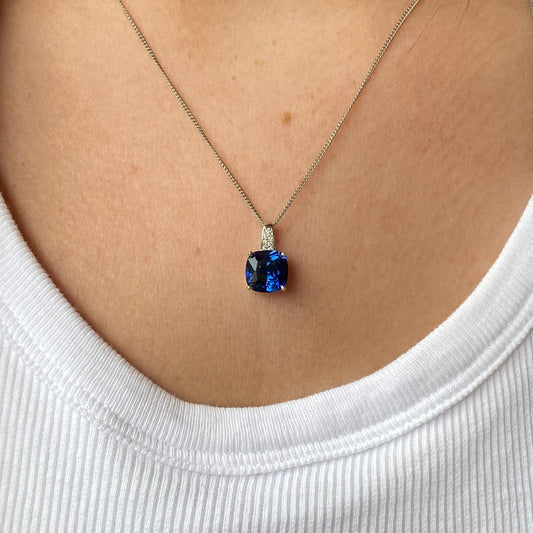 Silver 9mm Cushion CZ Necklace | Sapphire Blue - John Ross Jewellers