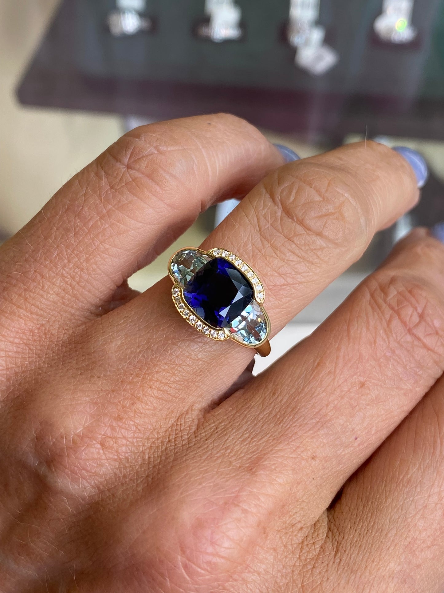 18ct Gold Iolite, Aquamarine & Diamond Ring