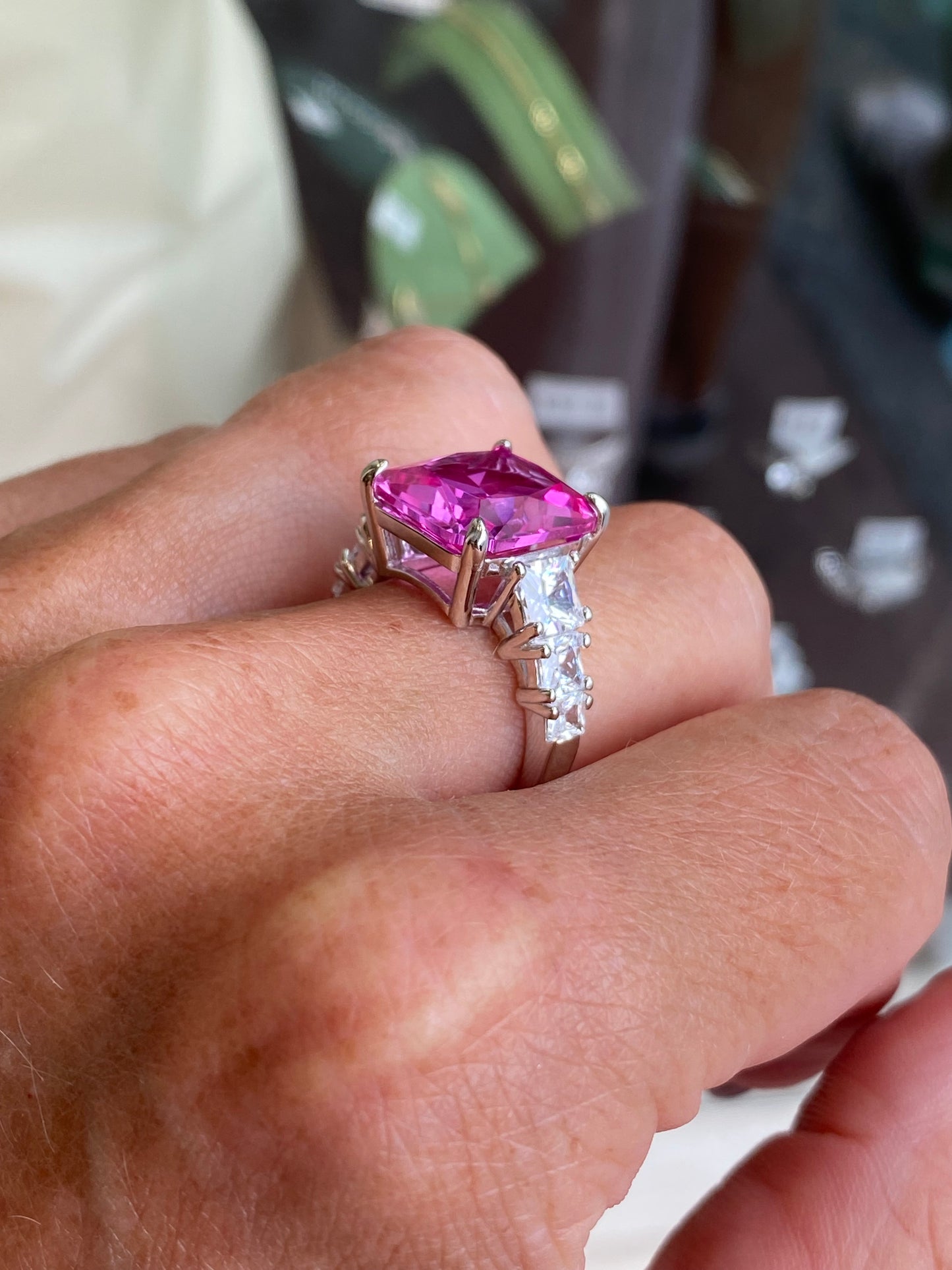 Silver Statement Emerald Cut Hot Pink & Princess CZ Ring