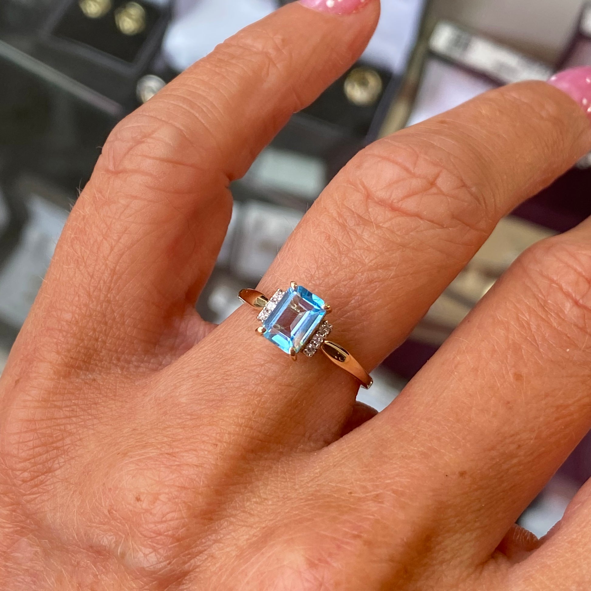 9ct Gold Sky Blue Topaz & Diamond Ring - John Ross Jewellers