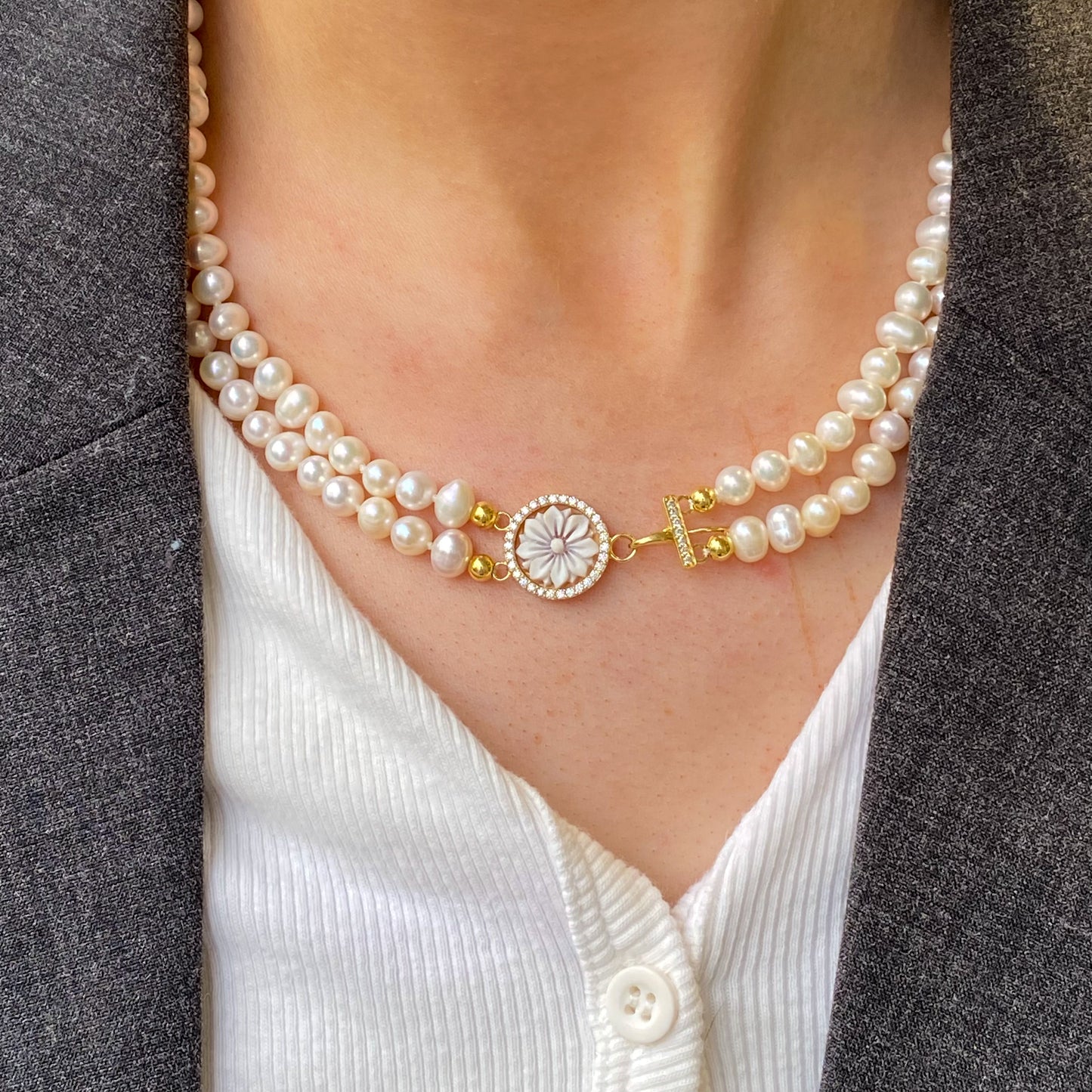 Floral Cameo & Freshwater Pearl Double Necklace - John Ross Jewellers