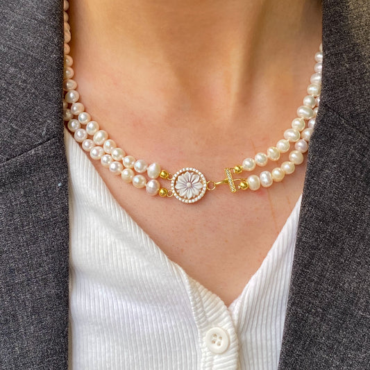Floral Cameo & Freshwater Pearl Double Necklace - John Ross Jewellers