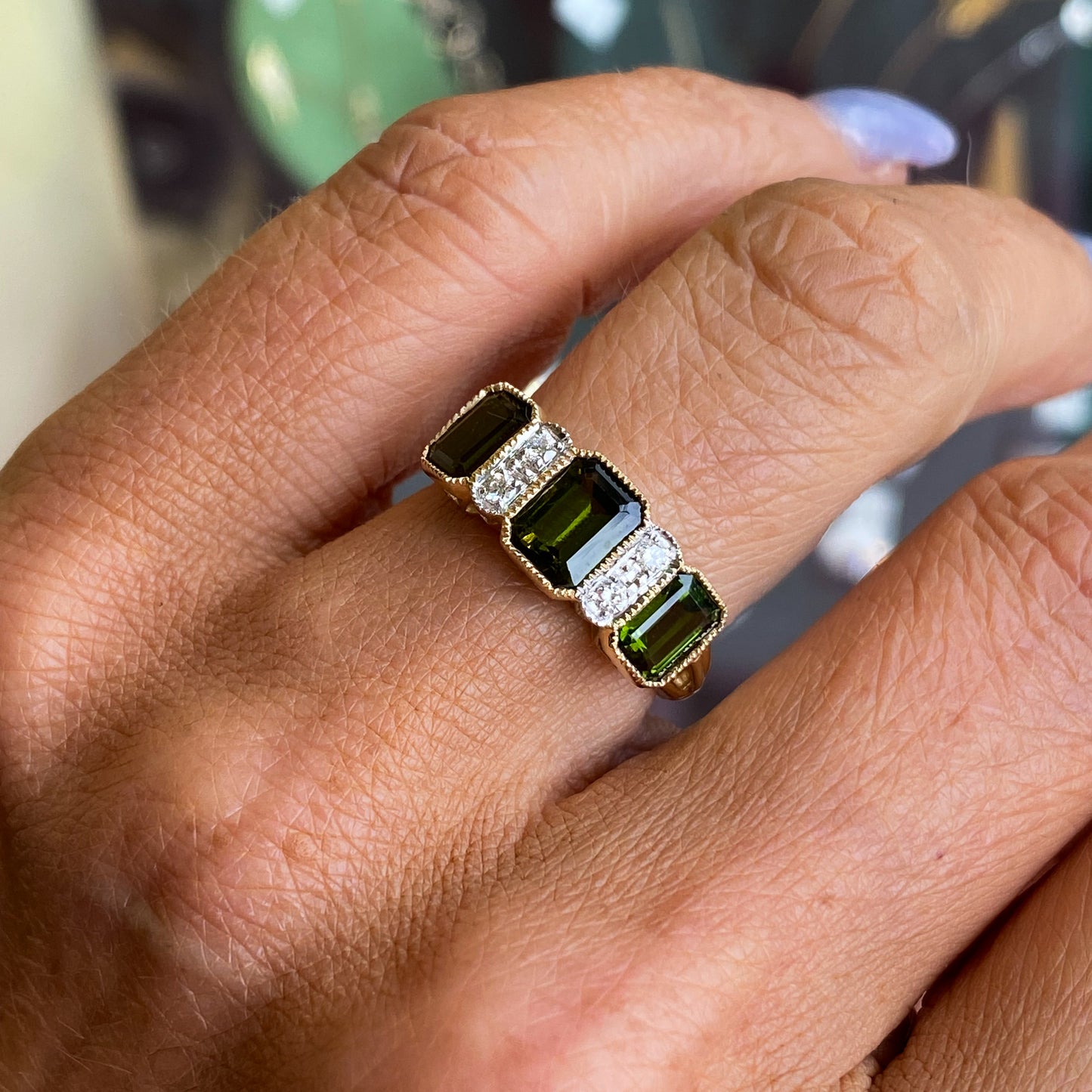 9ct Gold Green Tourmaline & Diamond Trilogy Ring