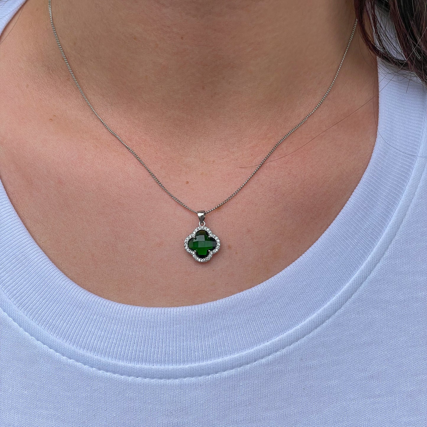 Silver CZ Drop Earring & Necklace Quatrefoil Set | Emerald Green