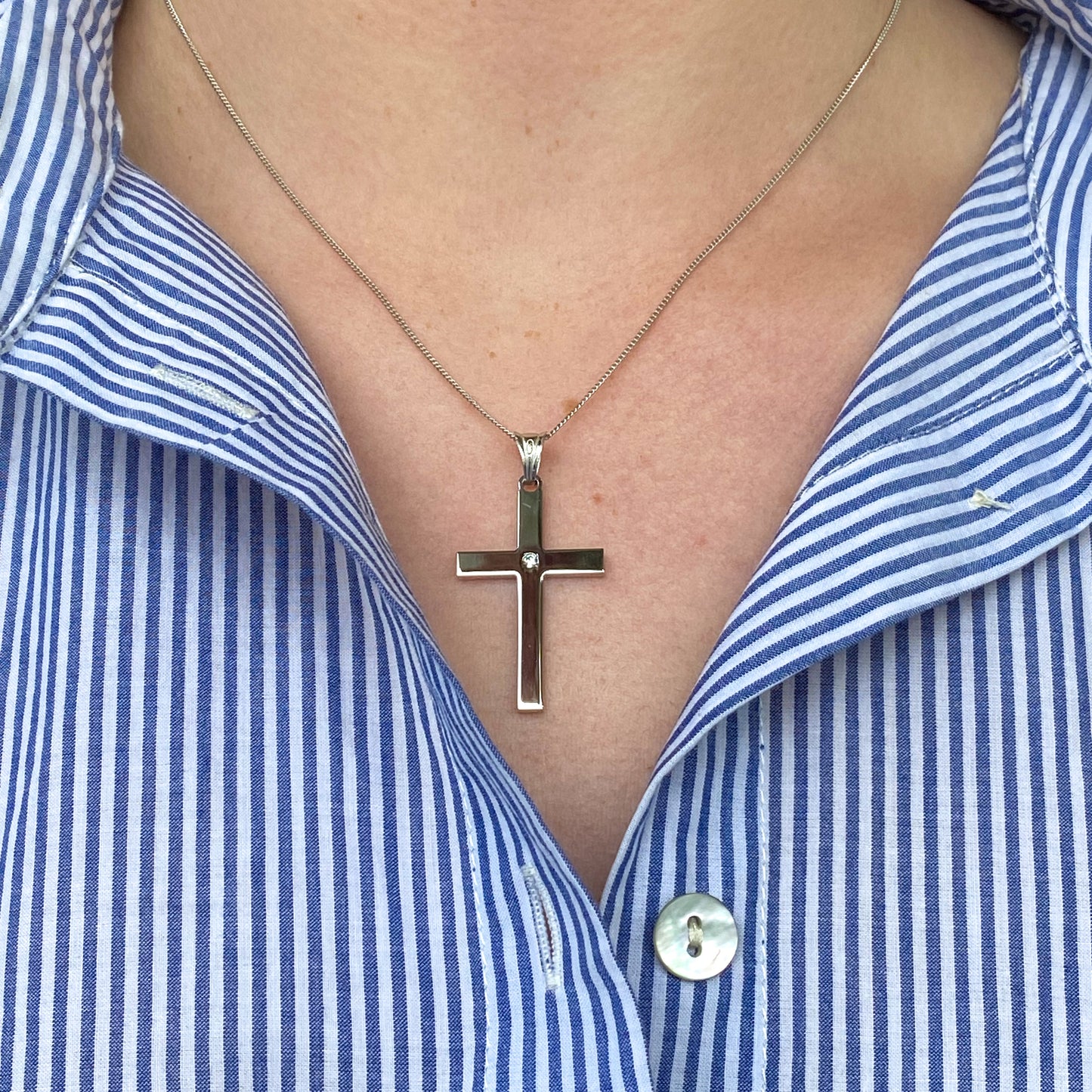 Silver CZ Set Block Cross Necklace | Reversible | Large