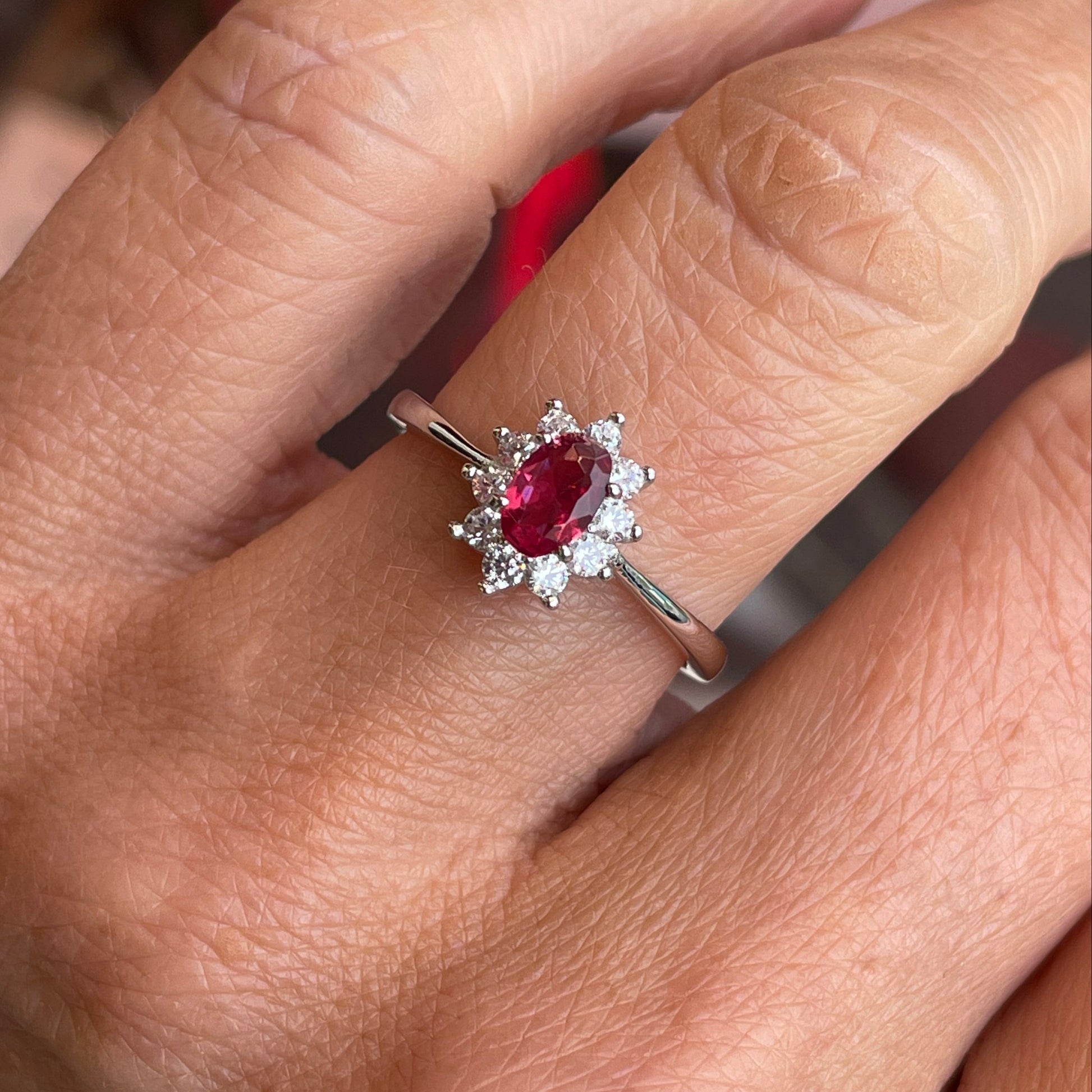Silver Oval CZ Diana Ring | Ruby Red - John Ross Jewellers