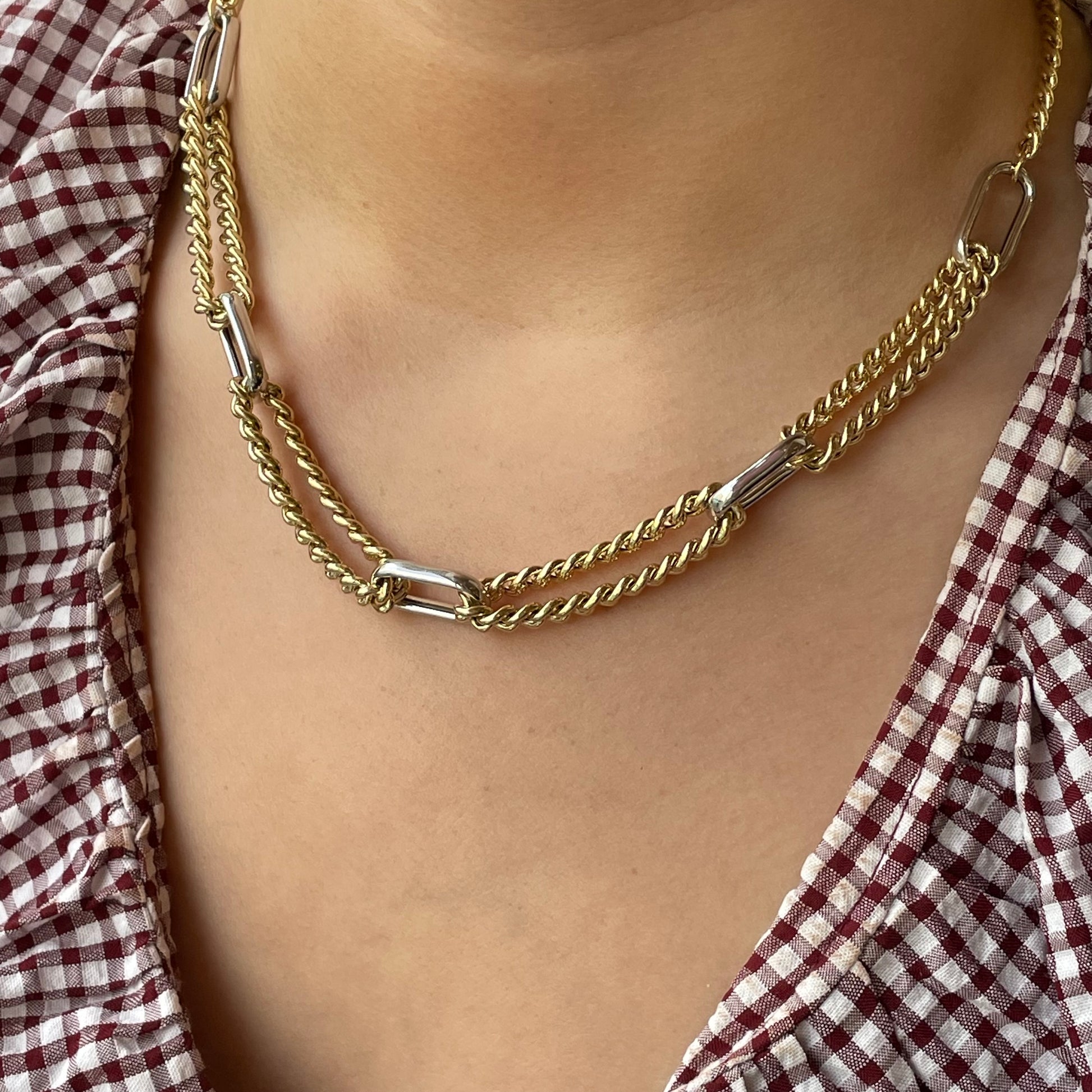 9ct gold two-tone chunky long link necklace by Mark Milton, featuring bold interlocking chain links.