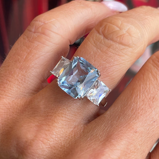 Silver Statement CZ Trilogy Ring | Aqua Blue
