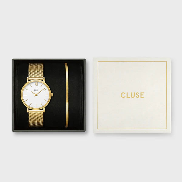 Gift Box Minuit Watch Mesh, White & Flat Snake Bracelet, Gold Colour