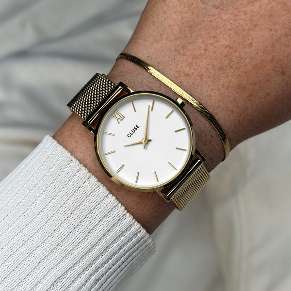 Gift Box Minuit Watch Mesh, White & Flat Snake Bracelet, Gold Colour