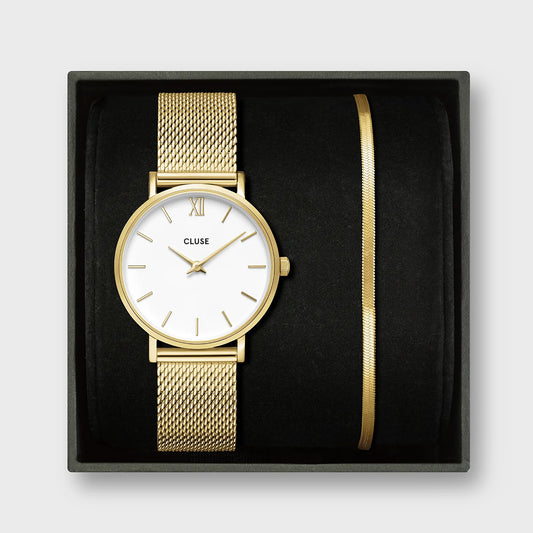 CLUSE Gift Box Minuit Watch Mesh, White & Flat Snake Bracelet, Gold Colour
