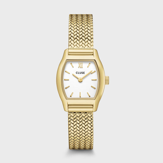 Close-up of CLUSE Tonnette Mini Mesh Gold watch with a gold mesh strap and elegant watch face design.