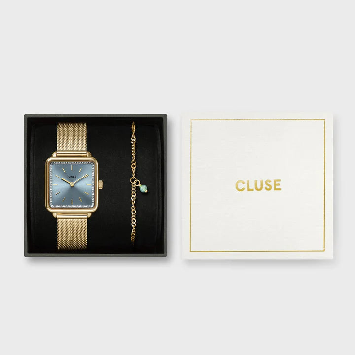CLUSE La Tétragone Gold/Blue Mesh and Jade Bracelet Giftset - John Ross Jewellers
