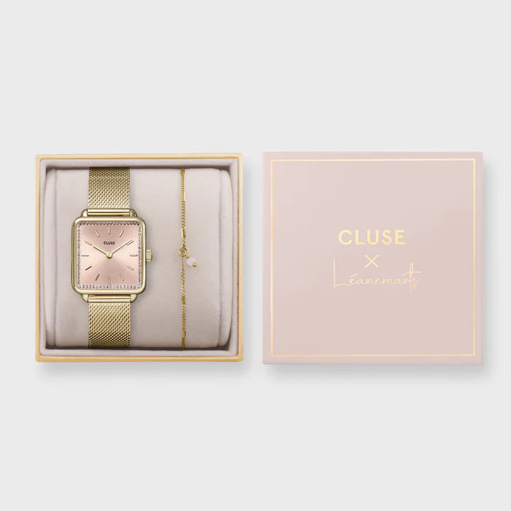 CLUSE La Tétragone Gold/Rose Mesh and Pink Bead Bracelet Léanemarts Giftset - John Ross Jewellers