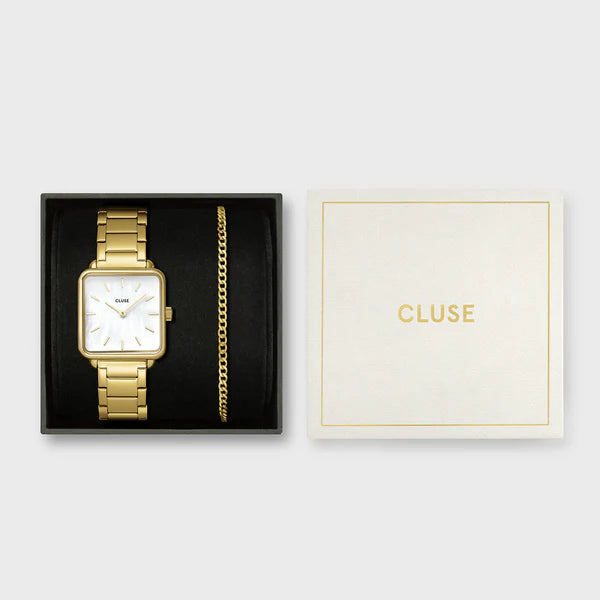 Gift Box La Tétragone Watch Steel, White Pearl & Curb Chain Bracelet, Gold Colour