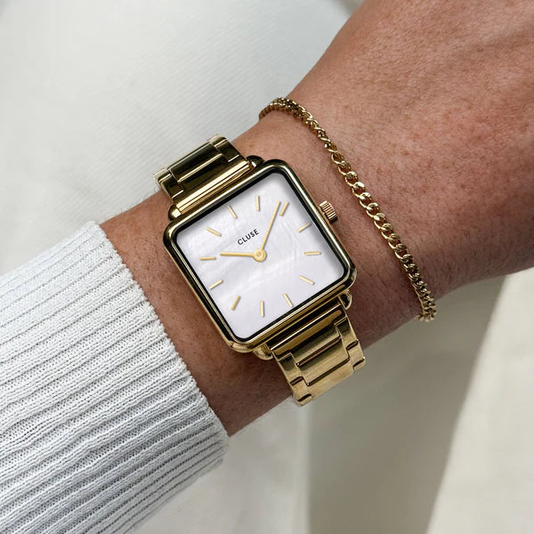 Gift Box La Tétragone Watch Steel, White Pearl & Curb Chain Bracelet, Gold Colour