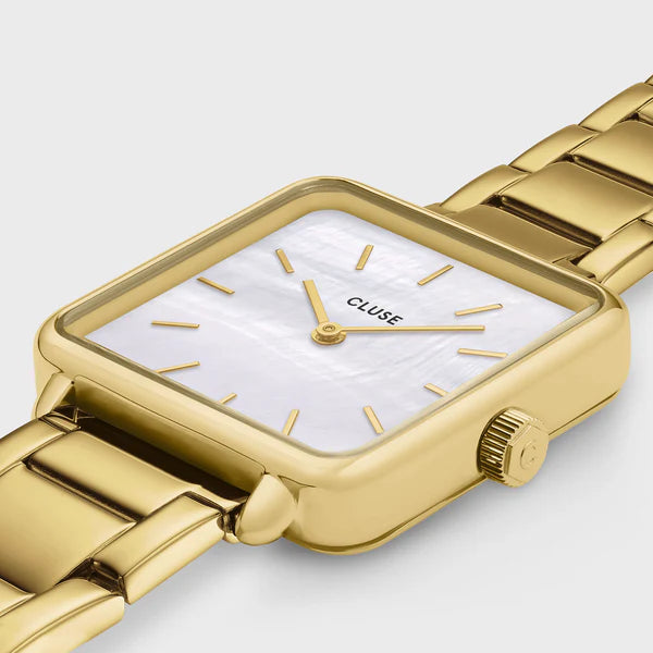 Gift Box La Tétragone Watch Steel, White Pearl & Curb Chain Bracelet, Gold Colour
