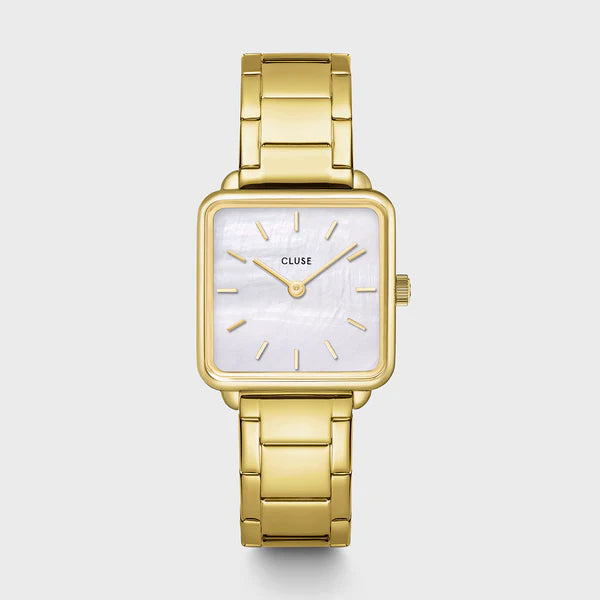 Gift Box La Tétragone Watch Steel, White Pearl & Curb Chain Bracelet, Gold Colour