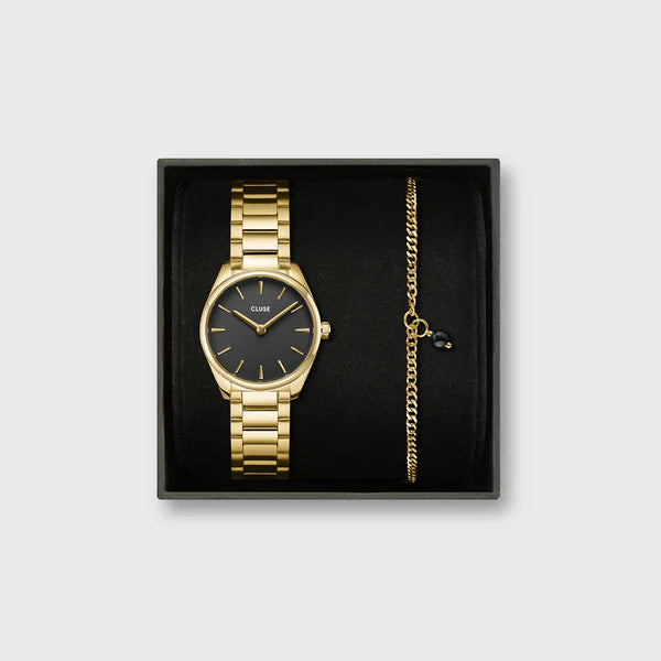 Gift Box Féroce Mini Watch Steel, Black & Chain Bracelet, Gold Colour