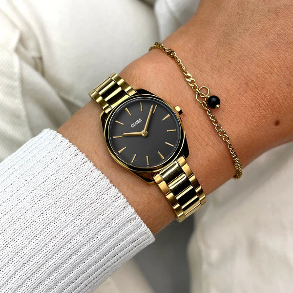 Gift Box Féroce Mini Watch Steel, Black & Chain Bracelet, Gold Colour