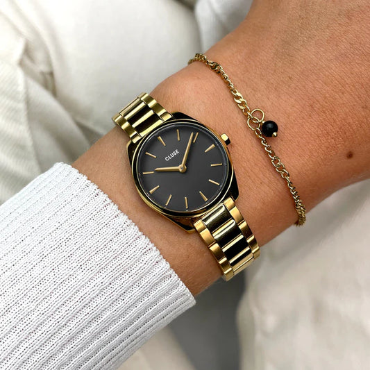 Gift Box Féroce Mini Watch Steel, Black & Chain Bracelet, Gold Colour
