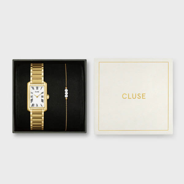 CLUSE Gift Box Belisenna Watch Steel, White & Pearl Chain Bracelet, Gold Colour