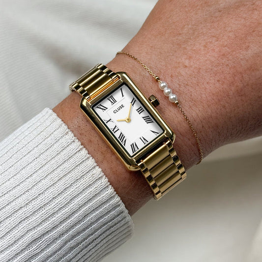 CLUSE Gift Box Belisenna Watch Steel, White & Pearl Chain Bracelet, Gold Colour