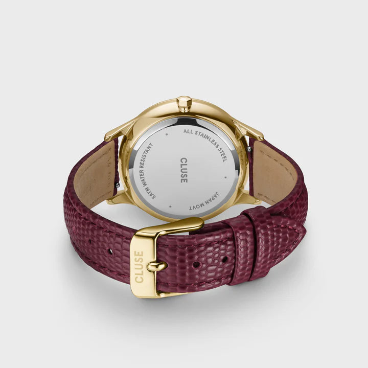 CLUSE Minuit Multifunction Leather Gold/ Dark Cherry Lizard