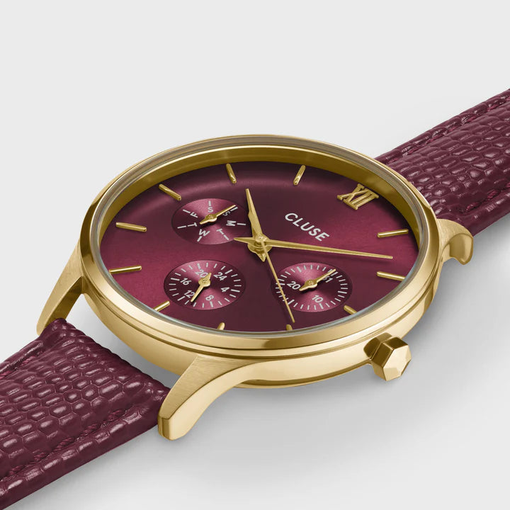 CLUSE Minuit Multifunction Leather Gold/ Dark Cherry Lizard