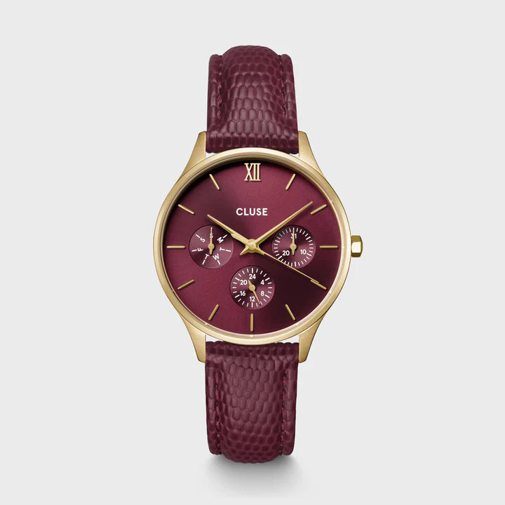 CLUSE Minuit Multifunction Leather Gold/ Dark Cherry Lizard