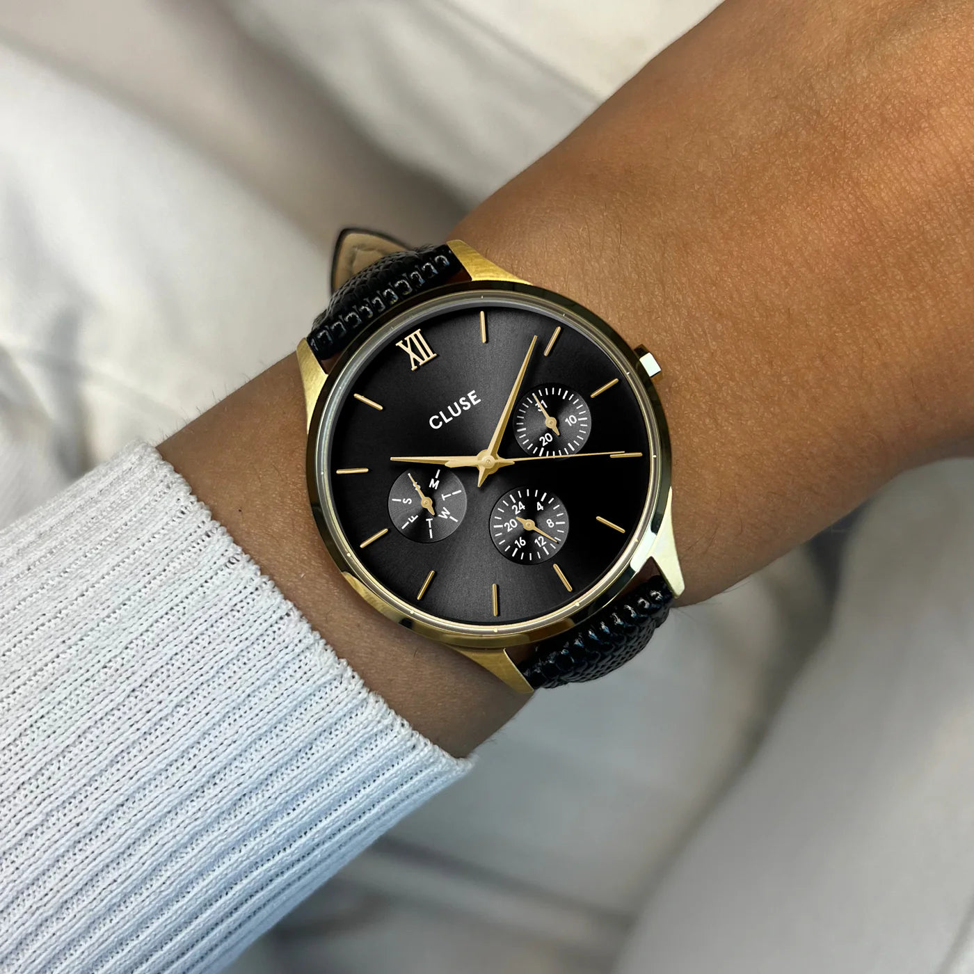 CLUSE Minuit Multifunction Leather Black/Black Lizard - John Ross Jewellers