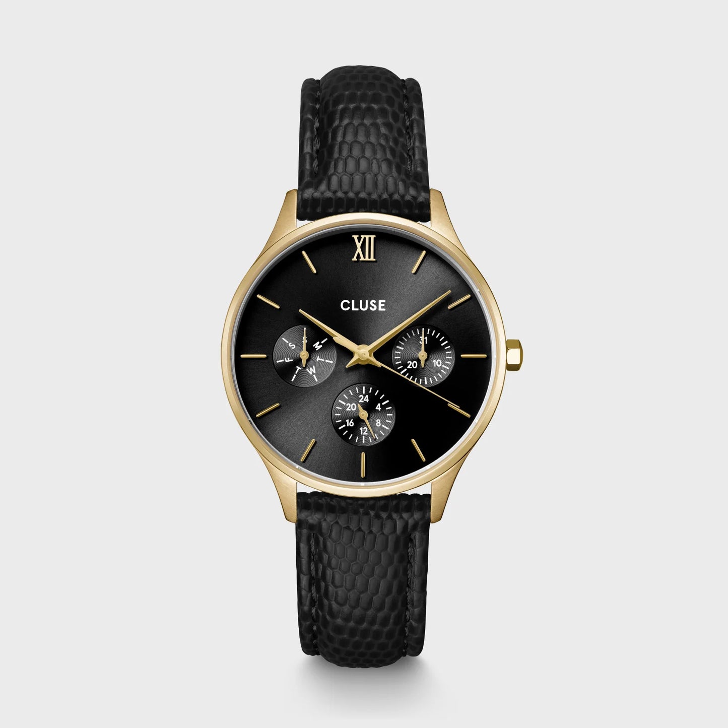 CLUSE Minuit Multifunction Leather Black/Black Lizard - John Ross Jewellers