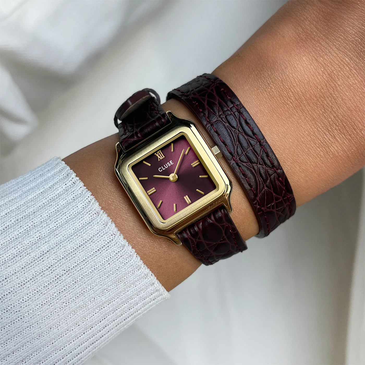 CLUSE Gracieuse Petite Double Crocodile Leather Gold/Wine - John Ross Jewellers