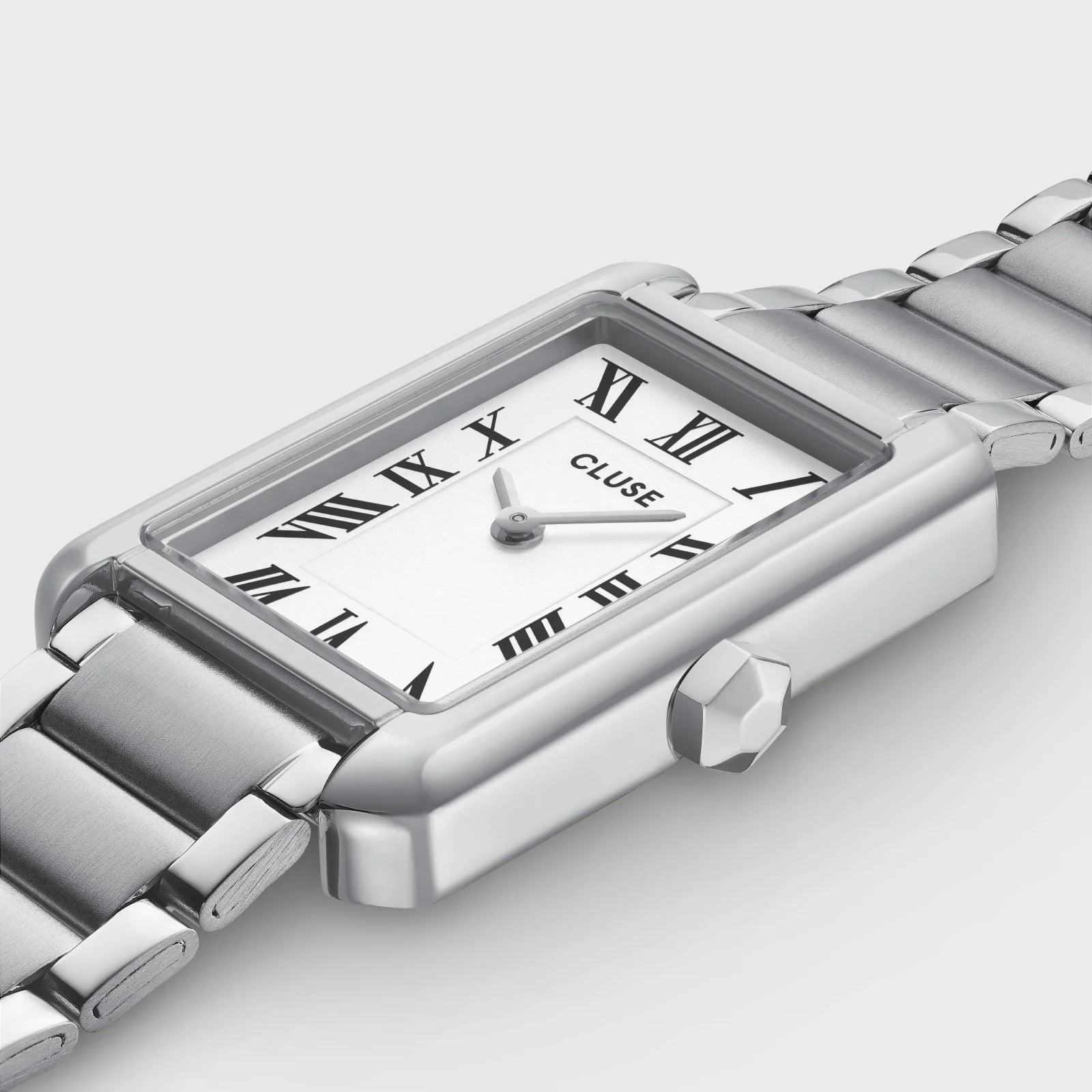 Close-up of the CLUSE Belisenna Silver watch showing its sleek silver dial, minimalist design, and elegant watch features.
