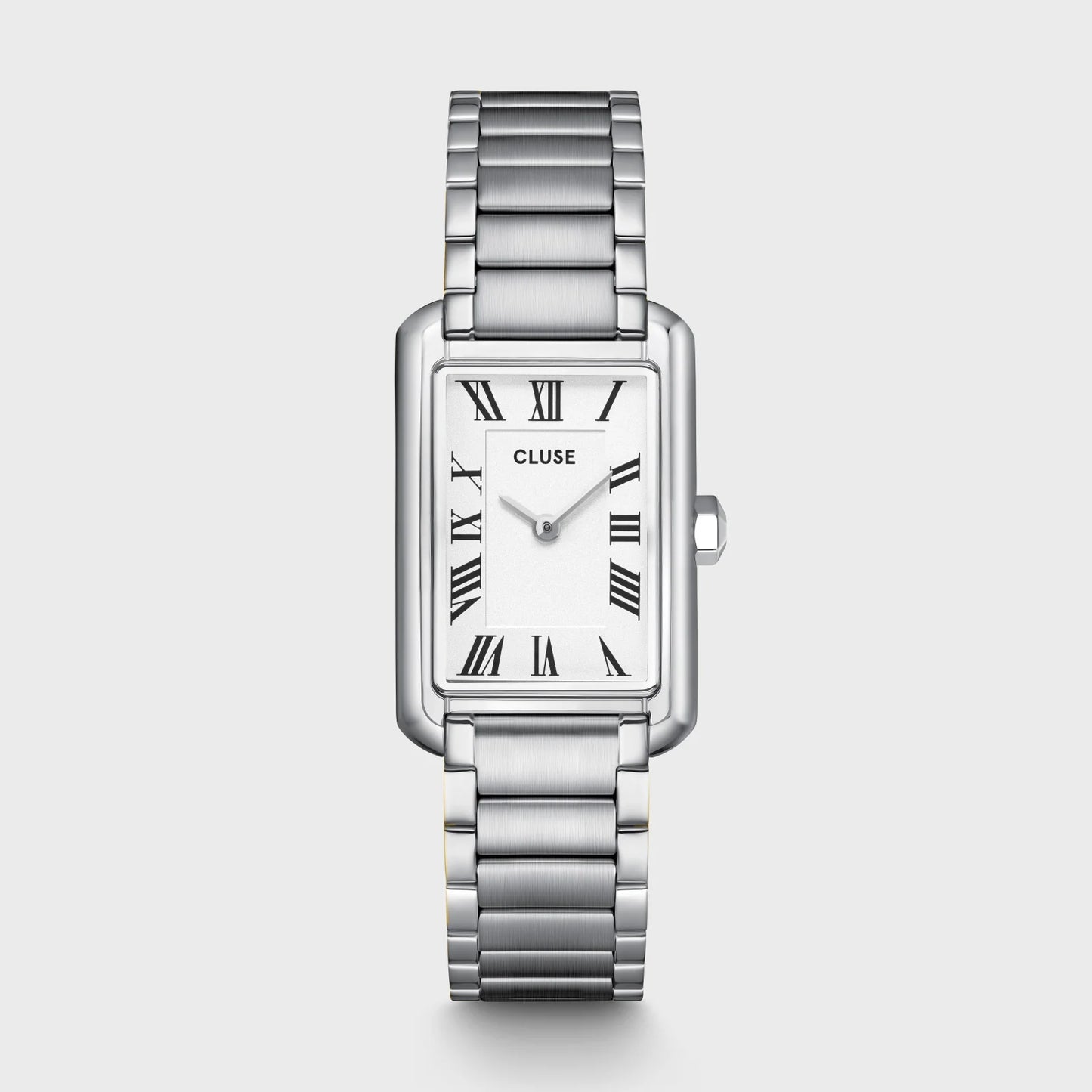 Silver CLUSE Belisenna watch with round dial, minimalist design, and silver mesh strap, displayed front view.