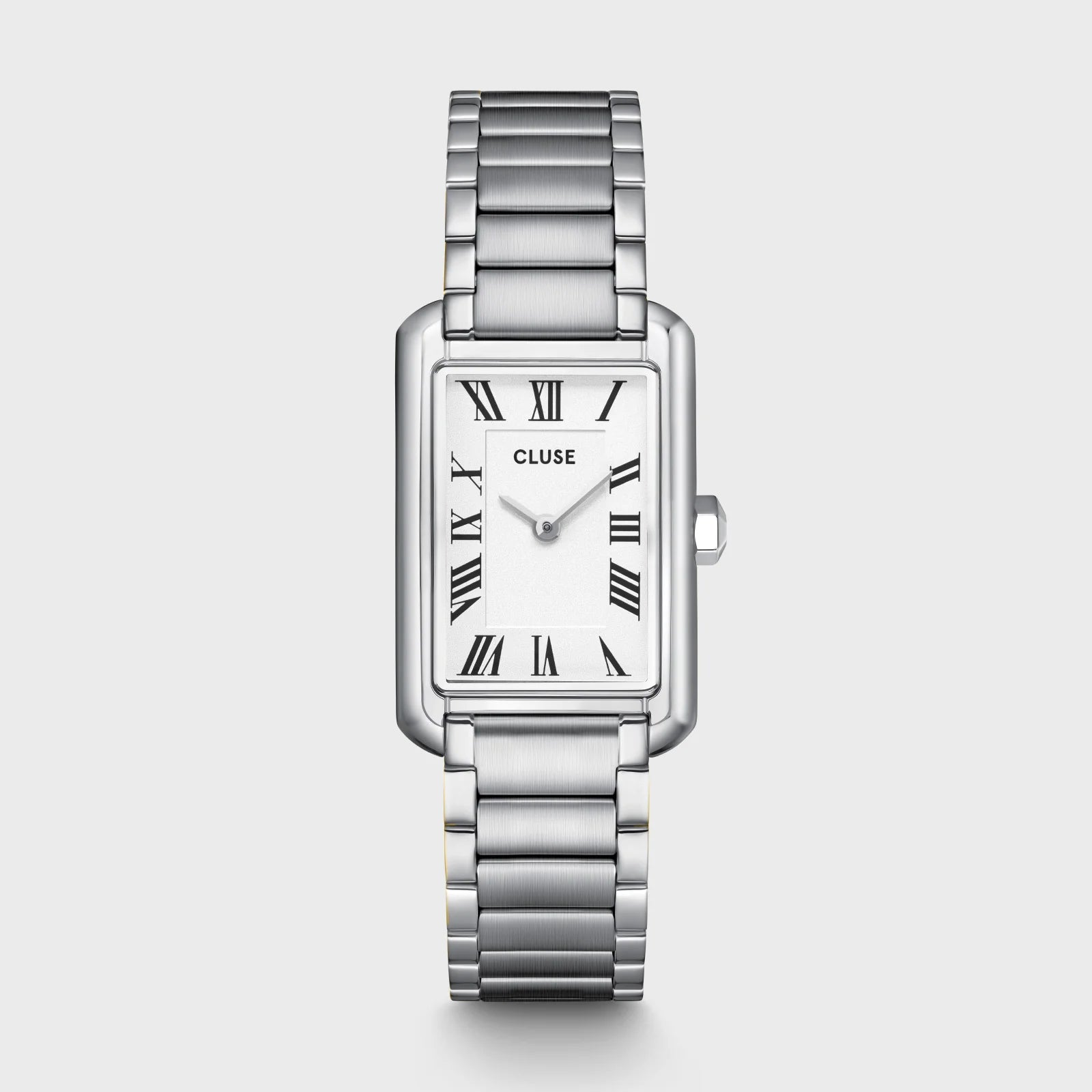 Silver CLUSE Belisenna watch with round dial, minimalist design, and silver mesh strap, displayed front view.