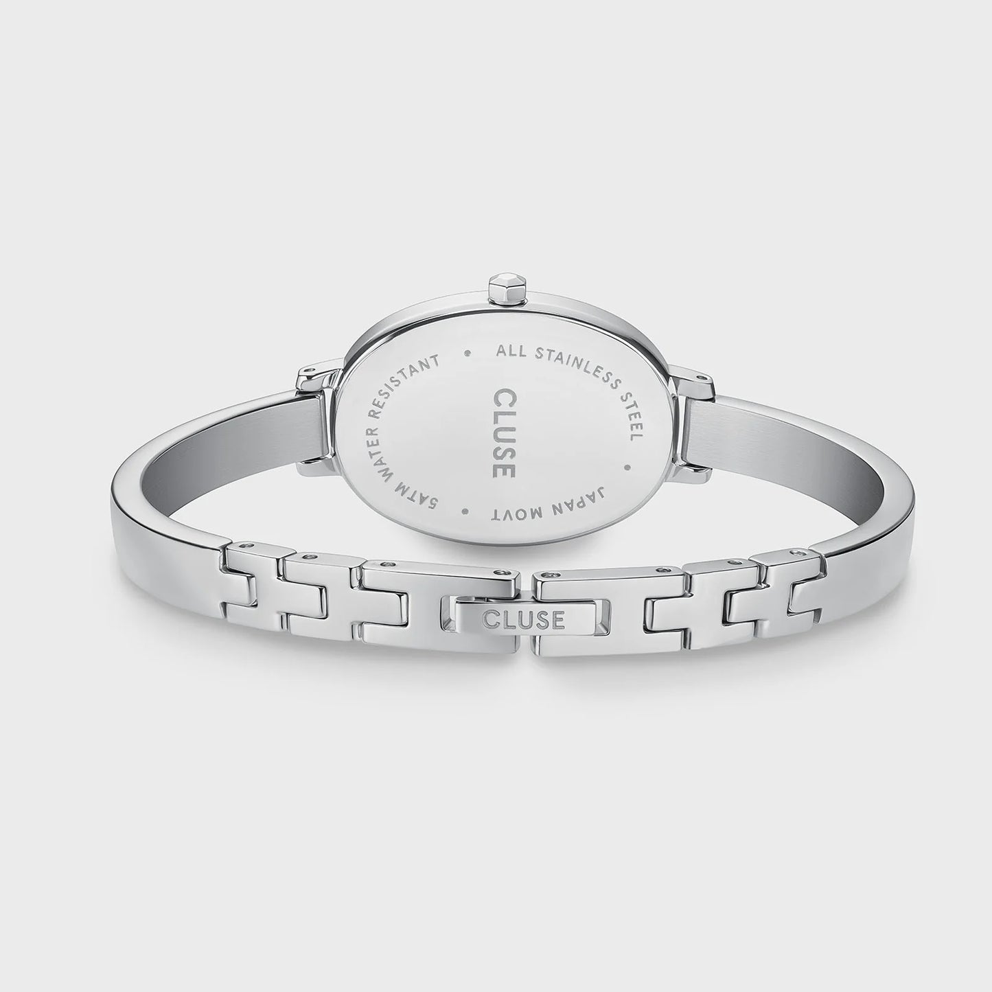 Back view of CLUSE L'Ovale Silver watch, showcasing the sleek silver strap and elegant oval-shaped watch face.