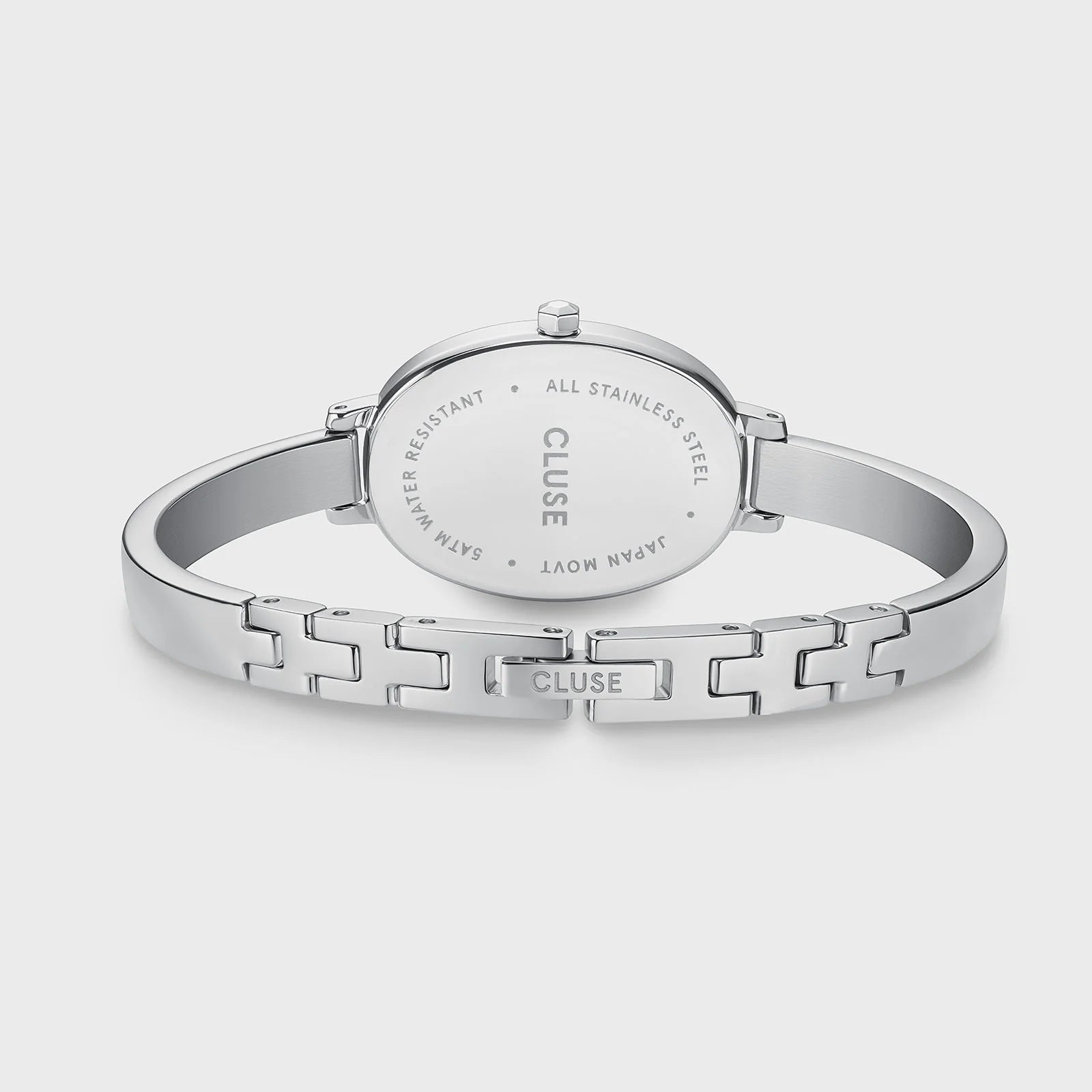Back view of CLUSE L'Ovale Silver watch, showcasing the sleek silver strap and elegant oval-shaped watch face.