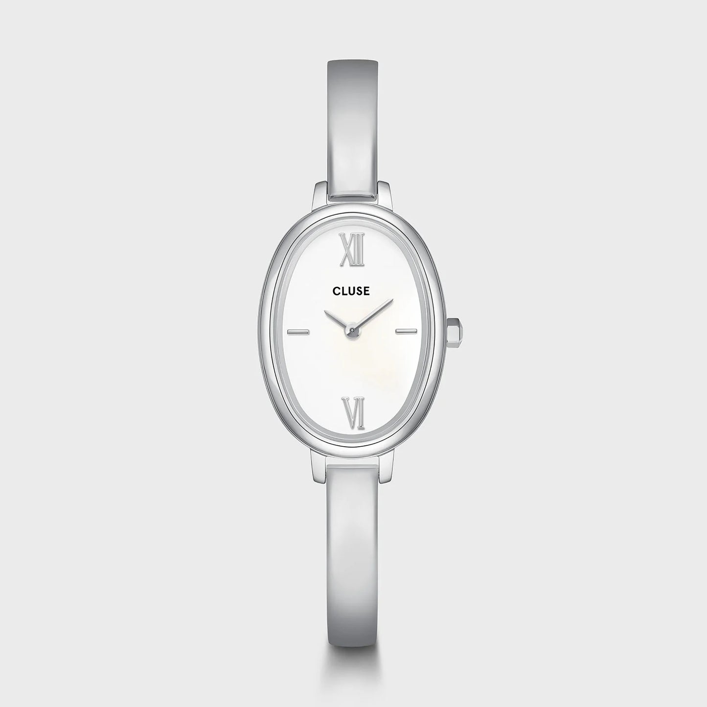 Front view of the CLUSE L'Ovale Silver watch featuring a sleek oval silver dial and minimalist design.