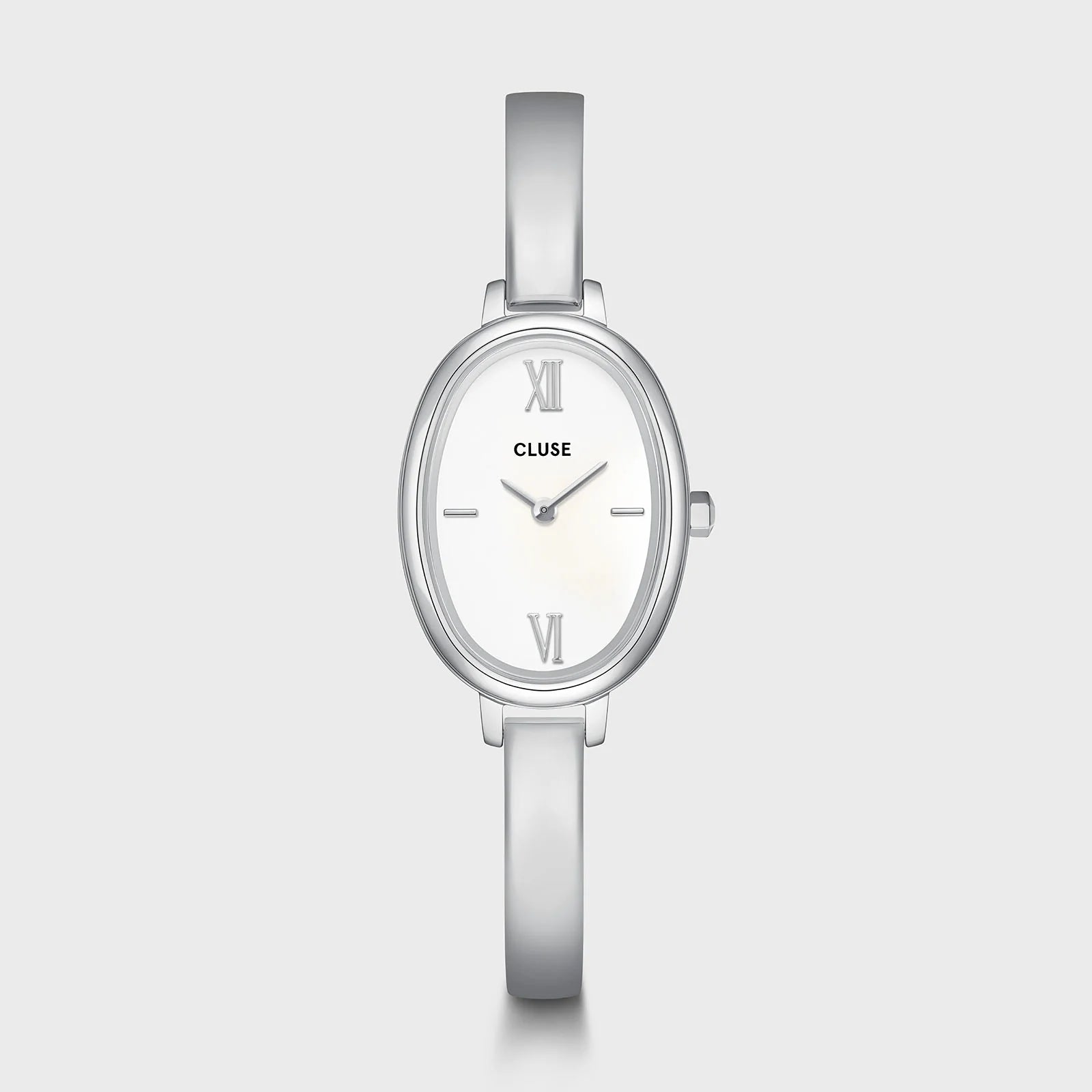 Front view of the CLUSE L'Ovale Silver watch featuring a sleek oval silver dial and minimalist design.